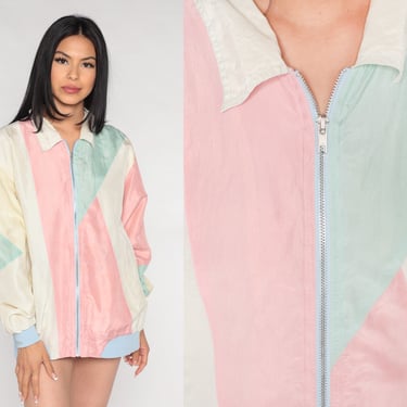 Pastel Silk Jacket 90s Windbreaker Color Block Baby Pink Jacket Blue Retro Kawaii Zip Up Vintage 1990s Preppy Medium 