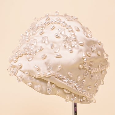 Cream Couture 50s Beaded Satin Turban By Christian Dior