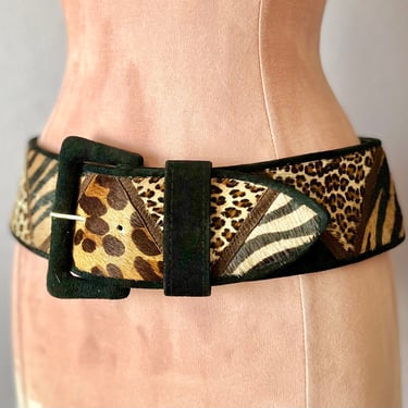 Animal Print Statement Belt, Leather Trim, Fur Type, Leopard Print, Cheetah, Zebra Stripes, Vintage 80s 90s 