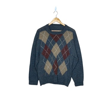 Vintage 70's Gray Argyle Shetland Wool Men's Sweater, Size XL 