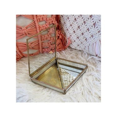 Vintage Glass & Brass Box - Diamond Shaped Keepsake Treasure Trinket Curio Display Holder - Etched Lid 