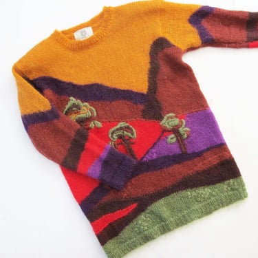 Vintage 80s Mohair Novelty Sweater M - House Print Landscape Kitchy Knit Pullover Jumper - Memphis Design 