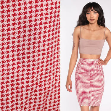 Red Houndstooth Skirt 60s Pencil Skirt Mod Mini Skirt Checkered High Waisted Wiggle Fitted Secretary Vintage 1960s White Extra Small xs 