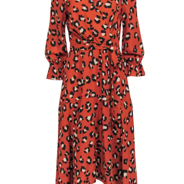 Tahari - Orange Leopard Print Ruffled Midi Dress Sz 8