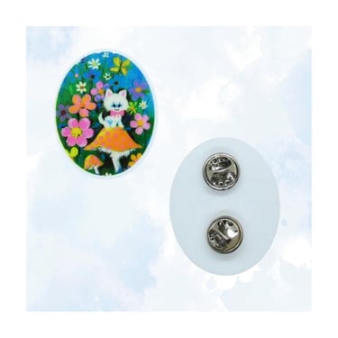 Vintage Kitten Pin - Retro 60s Style Kitty & Mushroom Groovy Brooch - Cute Kitsch Cat Accessory 