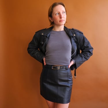 Vintage Wilsons Black Leather Belted Mini Skirt/Y2K Maxima/ Size XS 24 