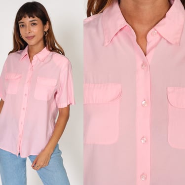 Baby Pink Blouse 80s Button Up Shirt Semi-Sheer Retro Plain Simple Short Sleeve Top Chest Pocket Preppy Collared Vintage 1980s Medium M 