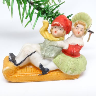 Antique German Snow Kids on Sled, Hand Painted Bisque, Vintage Christmas Decor, GERMANY 