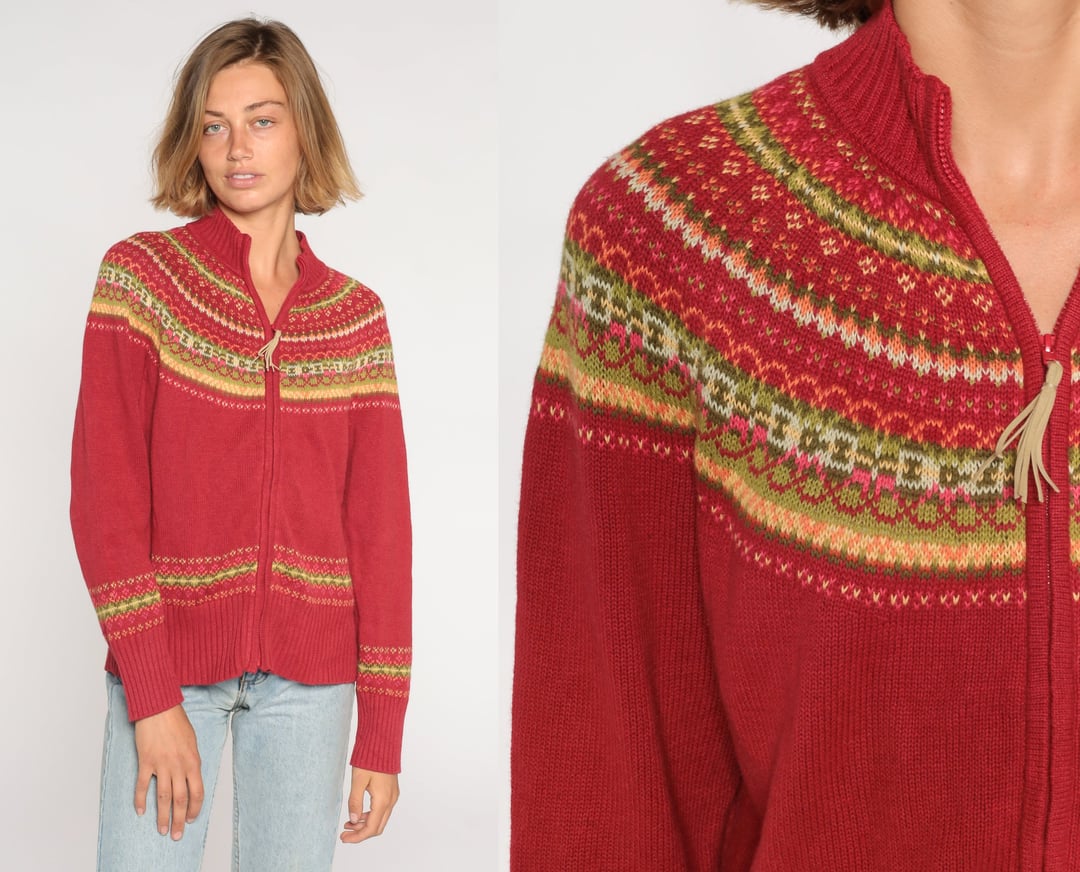 Fair Isle Cardigan 90s Red Zip Up Sweater Boho Grunge Shop Exile