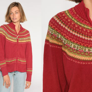 Fair Isle Cardigan 90s Red Zip Up Sweater Boho Grunge Knit Jacket Retro Hippie Sweater Bohemian Hipster Striped Cozy Vintage 1990s Large L 
