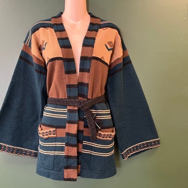 1970s southwest sweater earthy tribal diamond pattern cardigan boho acrylic knit large 