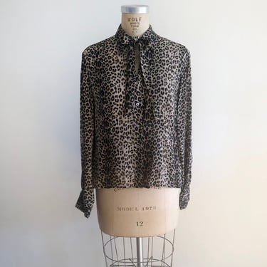 Cheetah Print Silk Blouse with Neck Tie - 1990s 