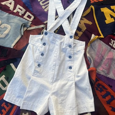 Vintage 1930s White Cotton Overalls Playsuit Shorts Blue Celluloid Sportswear
