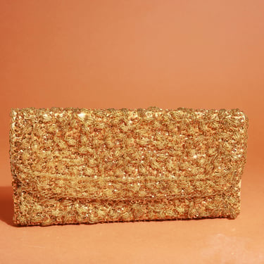 60s Bright Gold Sequin Evening Clutch Vintage Beaded Formal Clutch Purse 