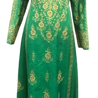 Helene Arpels 70s Hand Woven Green Silk Gold Embroidered Caftan