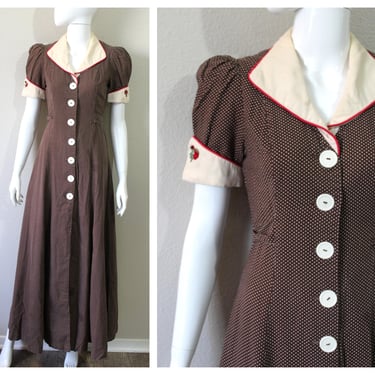 Vintage 1940s Brown Polka Dot Button Down Cotton Day Maxi Dress Cuffed Poof Sleeves // Modern 2 4 xs Small 