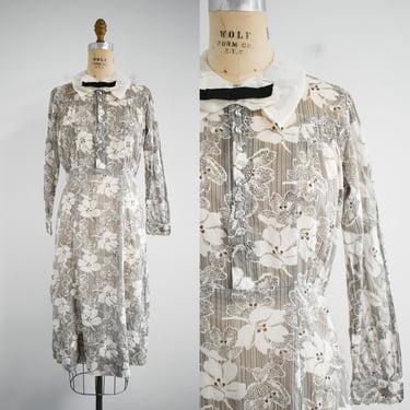 1930s Brown and White Floral Voile Dress 