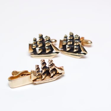 Vintage 1950s Ship Cufflinks and Tie Clip by Swank 