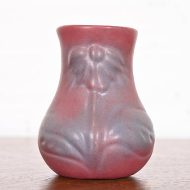 Van Briggle Arts & Crafts Pink and Lavender Glazed Ceramic Vase With Floral Motif