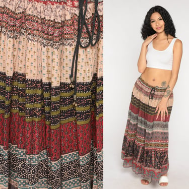 Boho Maxi Skirt 90s Broomstick Skirt Metallic Indian Floral Paisley Print Hippie Summer Flowy Festival Vintage 1990s Medium Extra Large L XL 