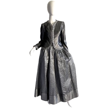 1980s Victor Costa Evening Gown / Vintage Brocade Rhinestones Taffeta Dress Set / 80s Silver Metallic Party Dress xs small 