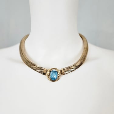 1950's Signed Regel 1/20 12 K Gold Filled Deco Style Blue Topaz Stone Choker Necklace 