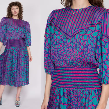Small 80s Susan Freis Boho Designer Dress | Vintage Purple Blue Georgette Balloon Sleeve Striped Midi Dress 