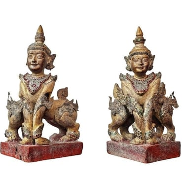 Antique Burmese Mandalay Carved Gilt Wood Glass Jeweled Manussiha Figure Sculpture Pair  - Southeast Asian Buddhist Sphinx Lion Statue 