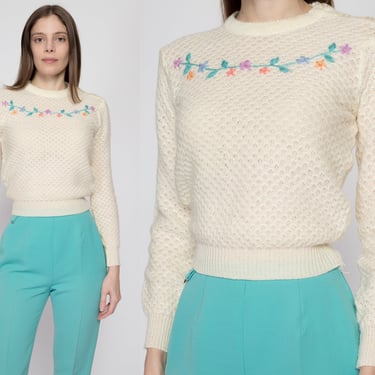 XS 70s Floral Embroidered Cropped Sweater | Vintage Boho Girly Cream Open Weave Knit Sweater 