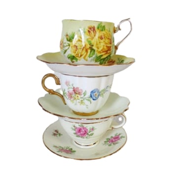 3 Tea Cups and Saucers Sets, Vintage Pastel Cottagecore Teacup Sets 