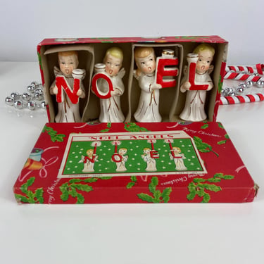 Vintage Noel Christmas Candle Holders in Original Box, Commodore Japan Choir Boy Angels NOEL, Retro Choir Angels Christmas Kitsch, NOEL 