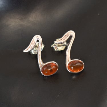 Tiny 60's red amber 925 silver abstract cherry studs, mid-century sterling fruit & leaf earrings 