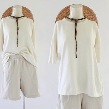 imperfect creamy knit tee - l - vintage 90s 1990s y2k ivory of white minimal simple t-shirt shorts sleeve blouse shirt blouse 