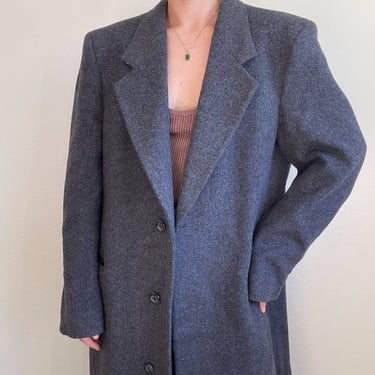 Vintage Mens 90s Charcoal Gray 100% Wool Long Trench Coat Sz L 