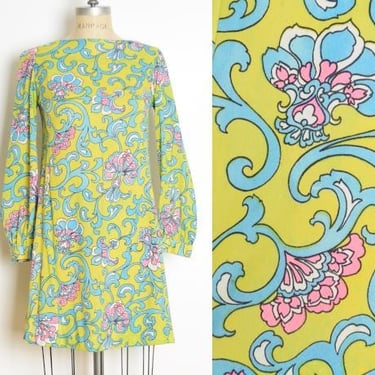 vintage 60s dress psychedelic print mod baroque green twiggy mini hippie S M clothing 