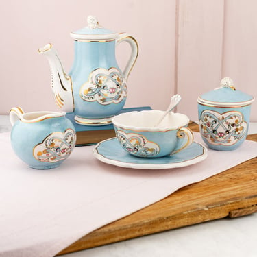 Antique French Blue Strawberry "Petit Déjeuner" Coffee Service for One