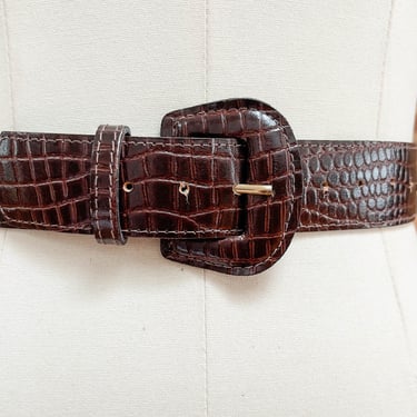 brown alligator belt | 80s 90s vintage vegan faux leather dark academia statement belt 