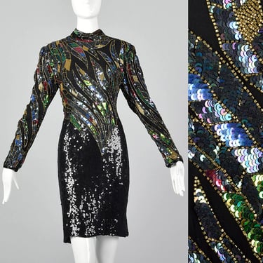 Small Judith Ann 1970s Sequin Dress Vintage Beaded Disco Cocktail Dress Curve Hugging Long Sleeve Party Dress 
