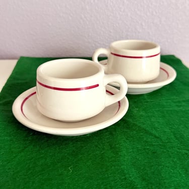 Vintage Coffee Cups, Restaurant Style, Matching Saucers, Set 2, Minimalist Stripes, Mid Century Modern 