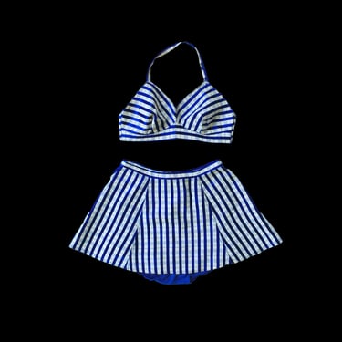 1930s-40s Two Piece Swimsuit / 40s Blue and White Skirted Swim Suit 