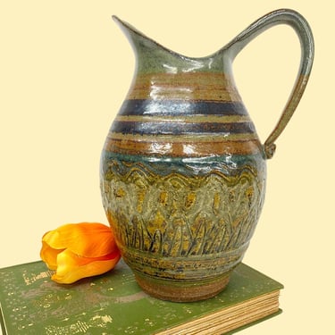 Vintage Pitcher Vase Retro 1970s Mid Century Modern + M. Ditzler + Pottery/Ceramic + Striped + Handmade Vessel + MCM Home Decor + Decoration 