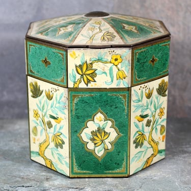 Vintage Lidded Tea Tin | English Floral Storage Tin Hinged Lid | Cottagecore Storage | Octagonal Tin | Vintage Storage | Bixley Shop 