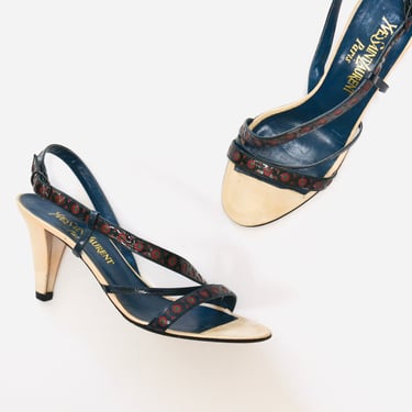 70s Vintage YSL Yves Saint Laurent Paris High Heel Sandals Size 39 8 8 1/2 YSL Navy blue Beige Leather Strap High Heels Shoes Made in Italy 