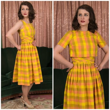 1950s Dress Set - Smart 50s Day Dress in Bright Mustard and Coral Plaid with Matching Cropped Top 