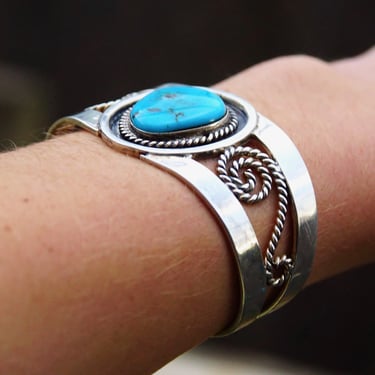 Vintage Sterling Silver Turquoise Cuff Bracelet, Woven Silver Wire Cuff, Bright Blue Turquoise Stone, Southwestern Style, MEX 925, 5 3/4