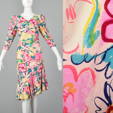 XS Two Piece Silk Wrap Set Lanvin Pink 80s Vintage Dress Set Floral Ruffle Mermaid Skirt Matching Top Separates 