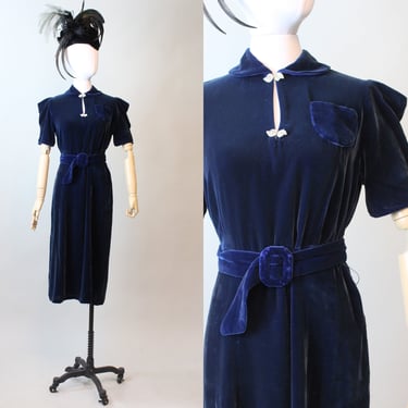 1930s PUFF sleeves BLUE silk VELVET dress small medium | new fall 