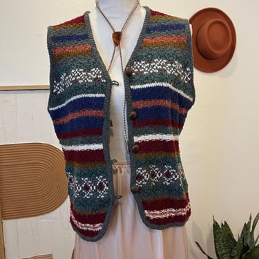 Liz Claiborne Vintage 90s Wool Knit Button Front Multi Colored Sweater Vest M 