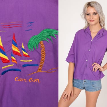 Cancun Shirt 80s Purple Button up Blouse Embroidered Top Sailboat Palm Tree Beach Yacht Boat Sailing Mexico Cotton Vintage 1980s Small S 