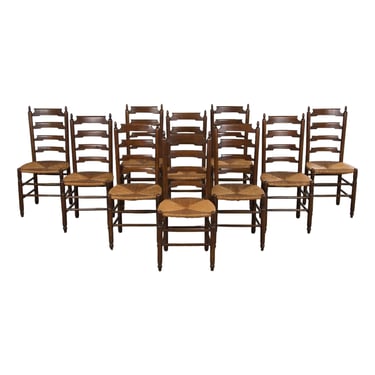 Antique Country French Oak Ladder Back Dining Chairs W/ Rush Seats - Set of 10 